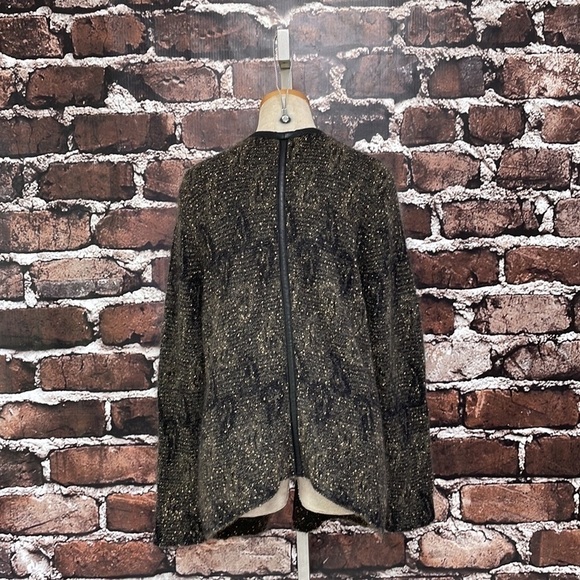 Eileen Fisher Sweater Cardigan Brown Leather Trim Gold Mohair Size Large - Picture 10 of 12